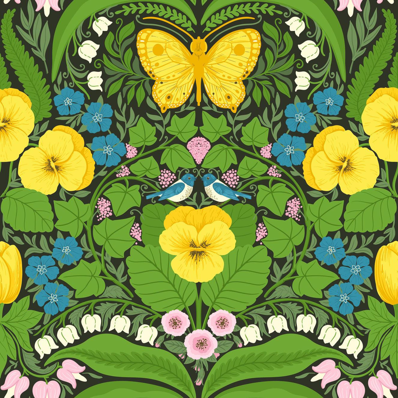 Dollhouse garden, Yellow pansies, birds and butterflies Wallpaper⁠