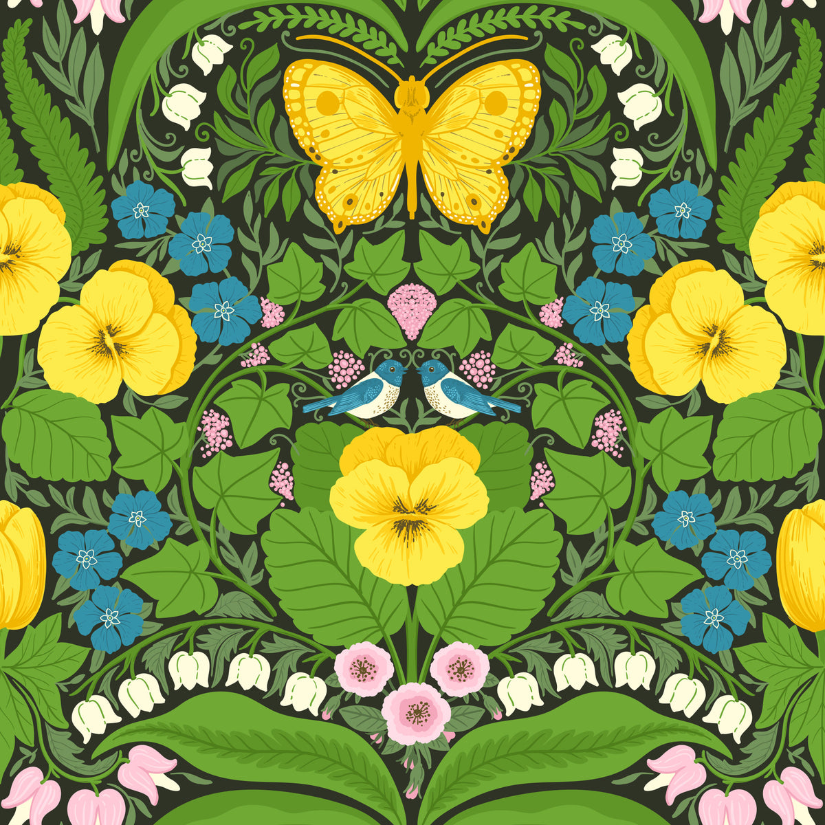 Dollhouse garden, Yellow pansies, birds and butterflies Wallpaper⁠ in your room