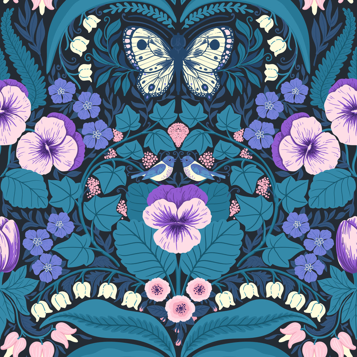 Dollhouse garden, pansies, birds and butterflies Wallpaper⁠ in your room — zoomed