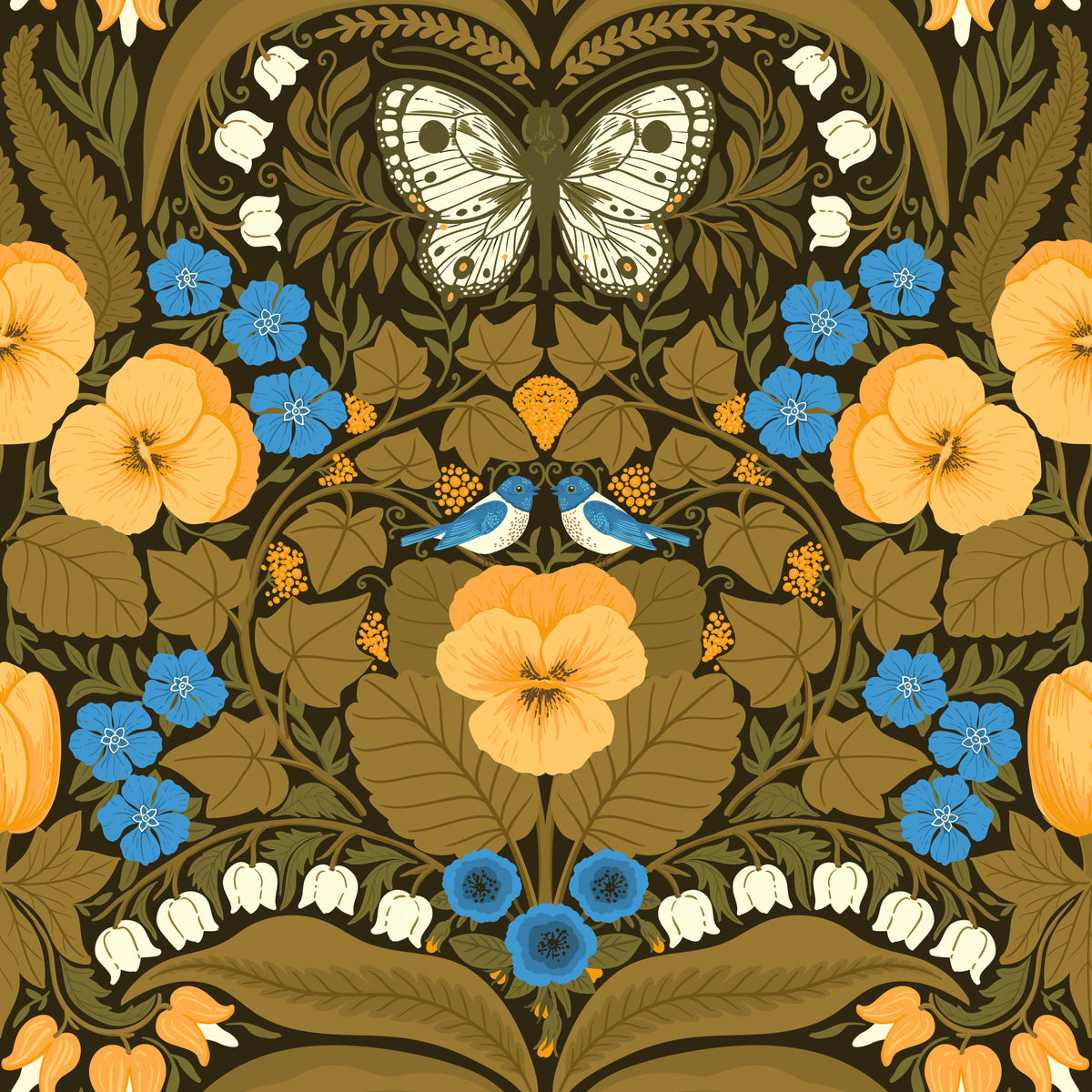 Dollhouse garden, pansies, birds and butterflies 3 Wallpaper⁠