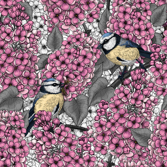 Birds in pink lilac garden  Wallpaper⁠