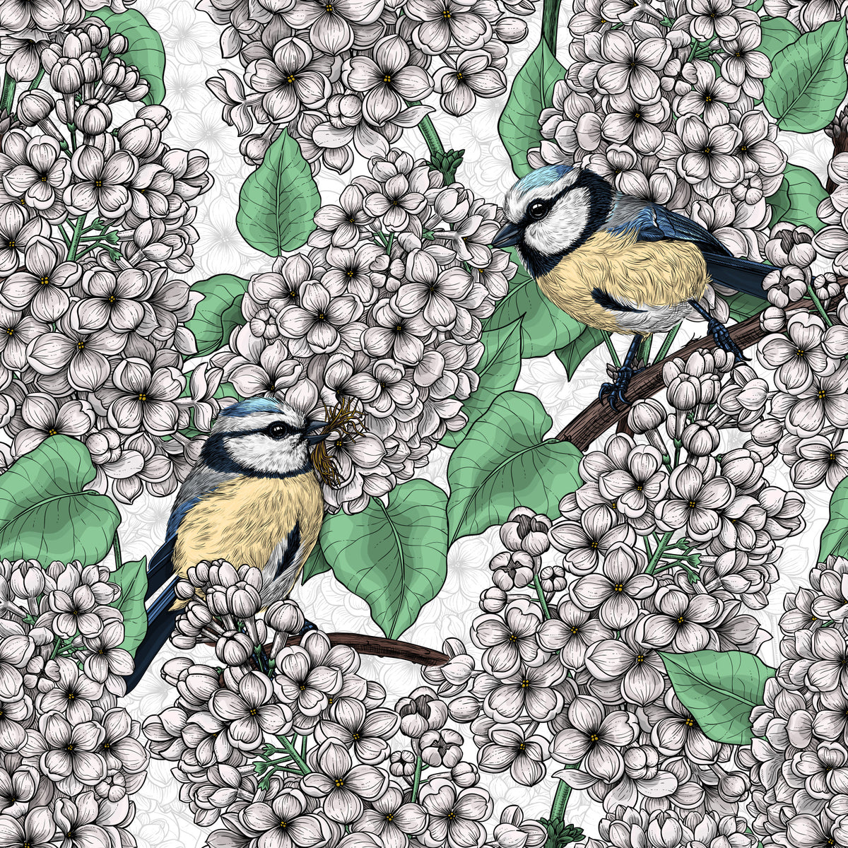 Birds in the lilac tree, white and green Wallpaper⁠ in your room