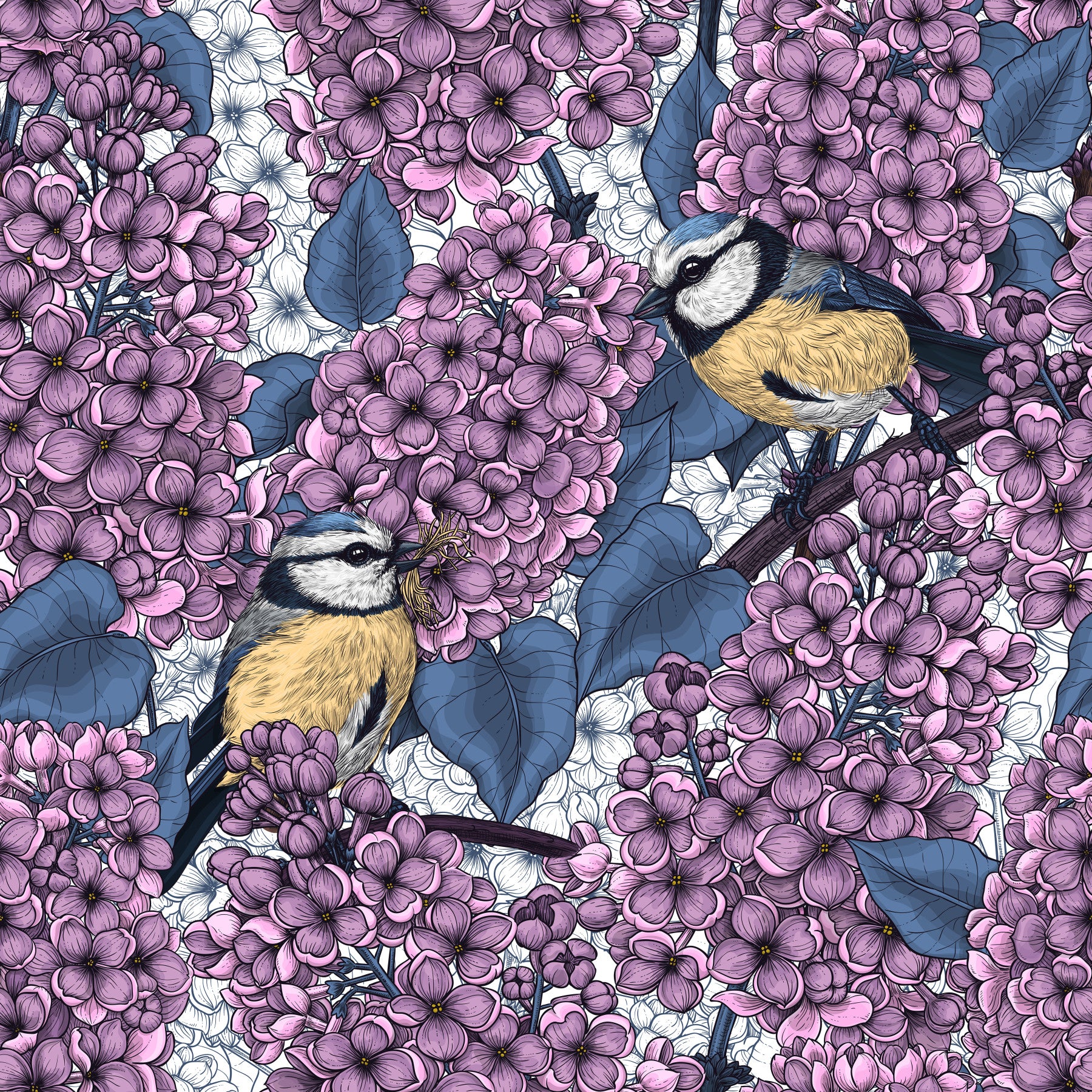 Birds in violet lilac garden wallpaper creates a serene mood in the bedroom.