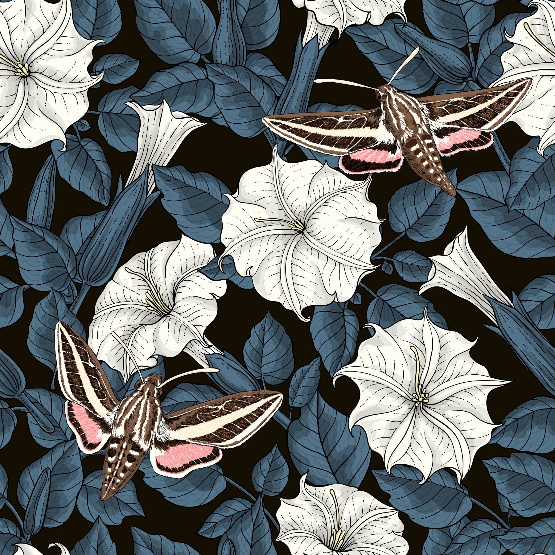 Nursery featuring the Moonflowers and sphinx moths wallpaper.