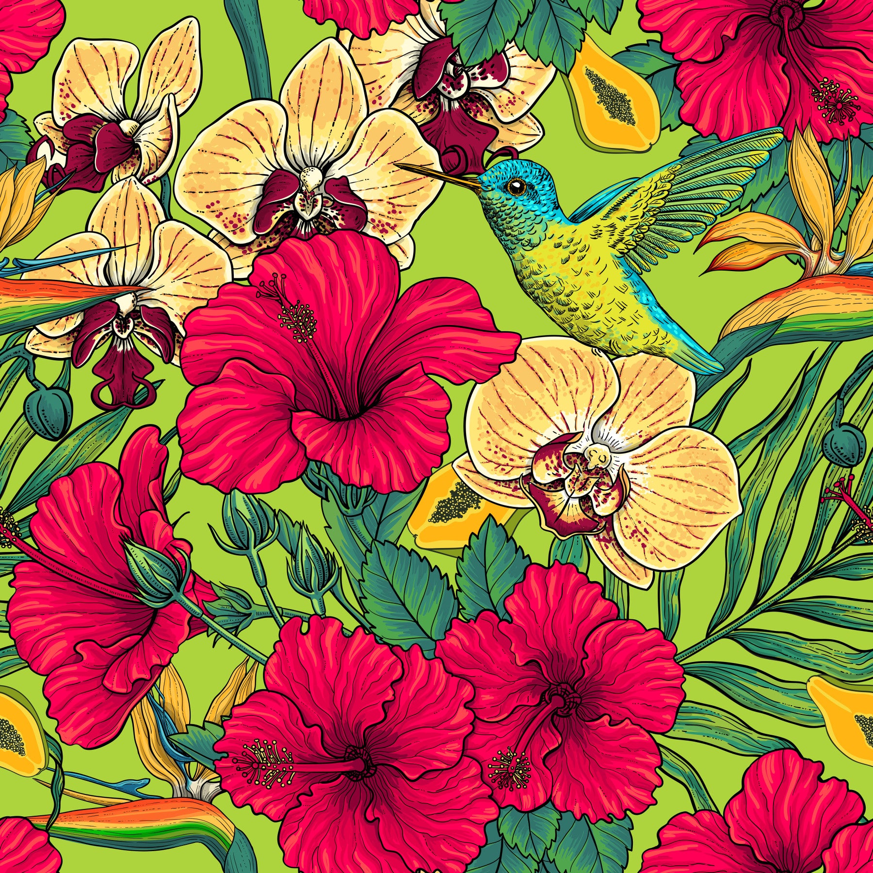 Dining room features the Tropical Florals and Hummingbird wallpaper.