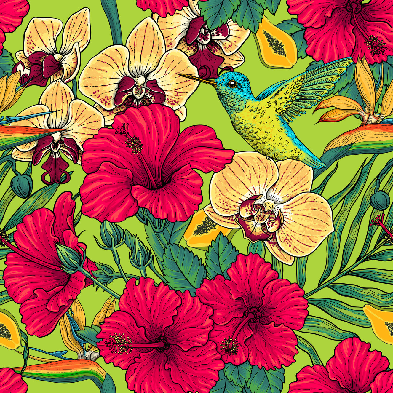 Tropical Florals and Hummingbird - Summer Botanical Garden Wallpaper⁠