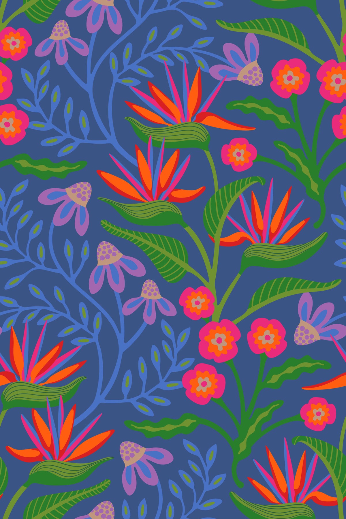 Tropical Tangle Floral Bird of Paradise Fuchsia Pink Blue Wallpaper⁠ in your room — zoomed