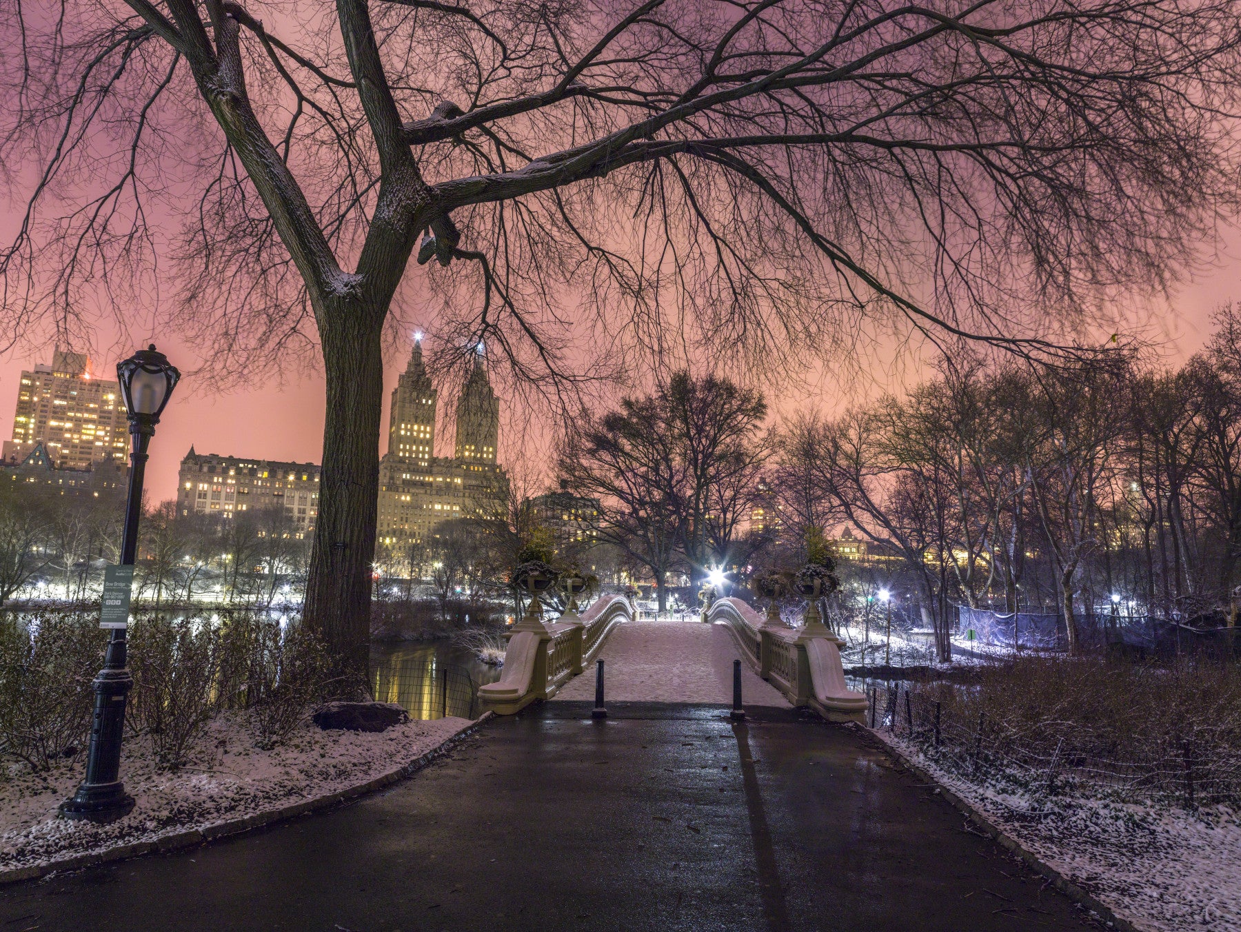 Central Park Winter Twilight wall mural turns the bathroom into a dusk city scene.