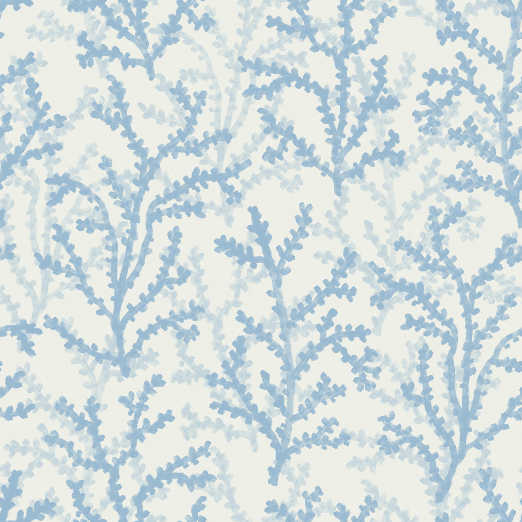 Coral sprigs from Painted Coraline Dreaming Blue wallpaper add charm to a living room.