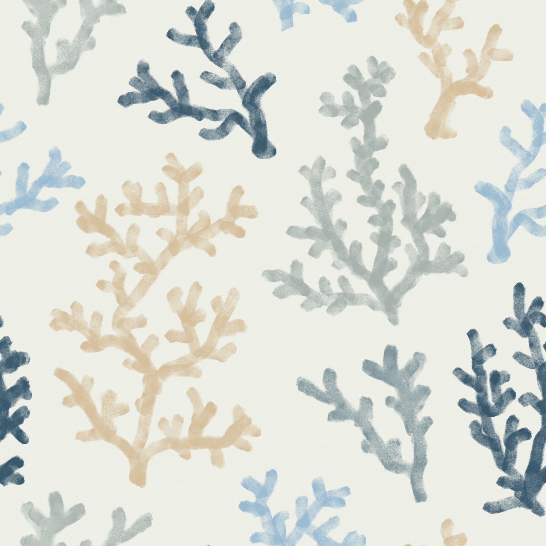 A wooden dining table sits perfectly against the Painted Corals Wallpaper backdrop.