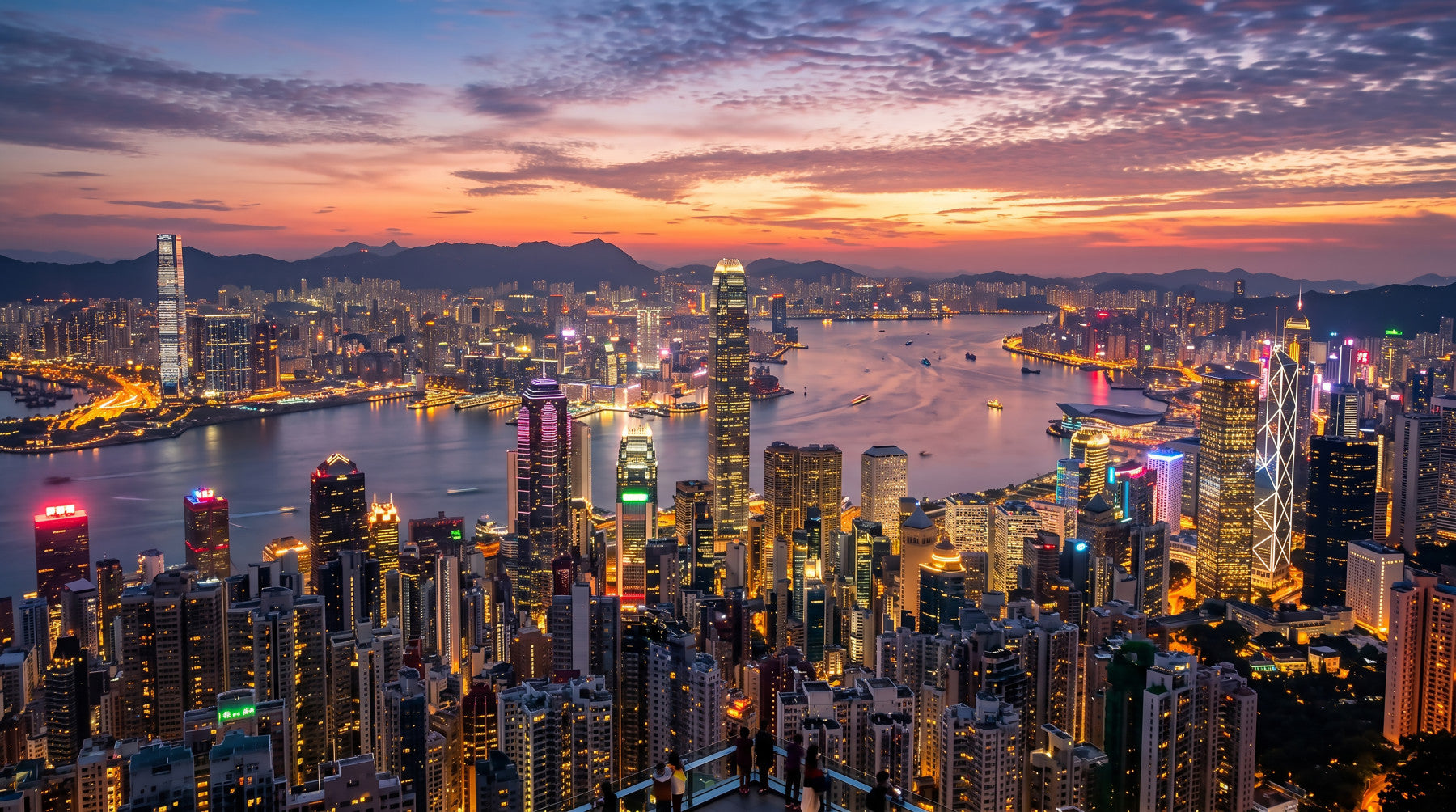 Wide living rooms display the complete Victoria Harbour Twilight wall mural perfectly.