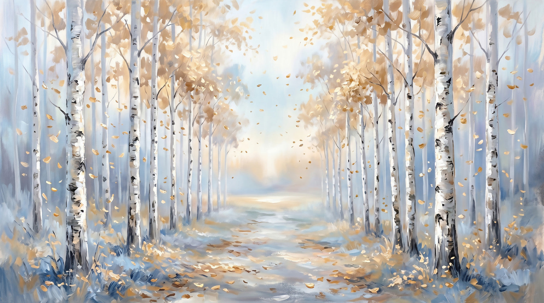 Large dining tables suit the expansive landscape of the Golden Birch Path Wall Mural.