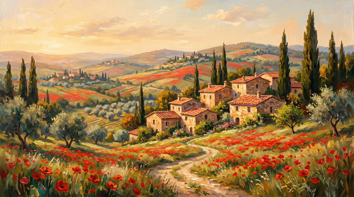 Tuscan Poppy Fields Panorama Wall Mural in your room