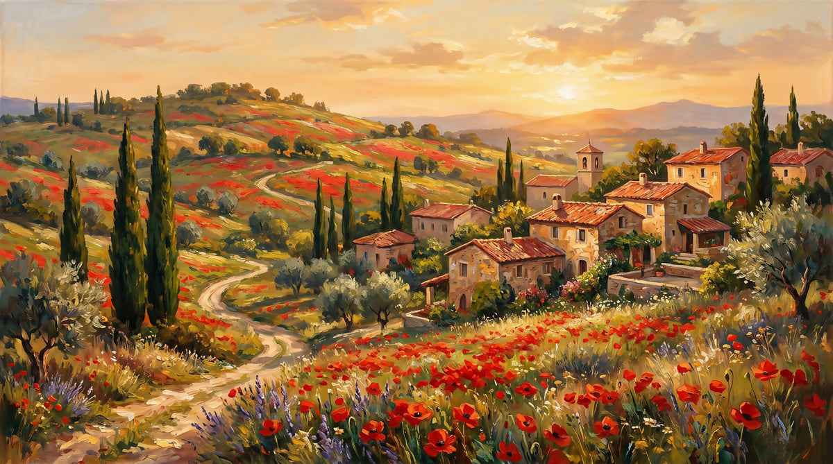 Tuscan Poppy Village Dusk Wall Mural in your room — zoomed