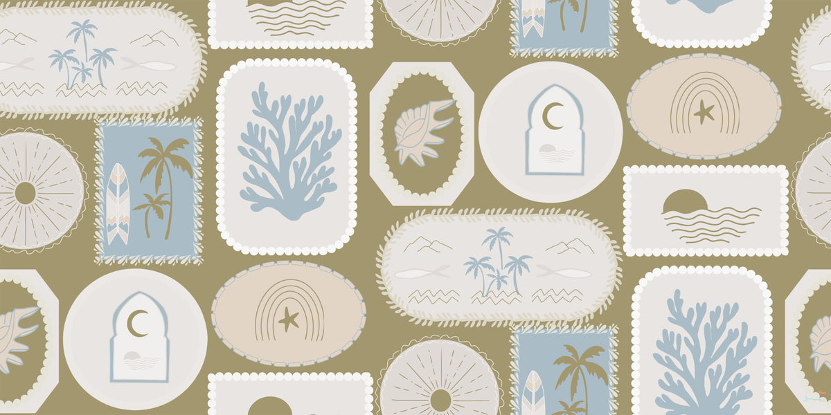Olive Green Coastal Frame Wallpaper Boho Tropical Wallpaper⁠ in your room — zoomed