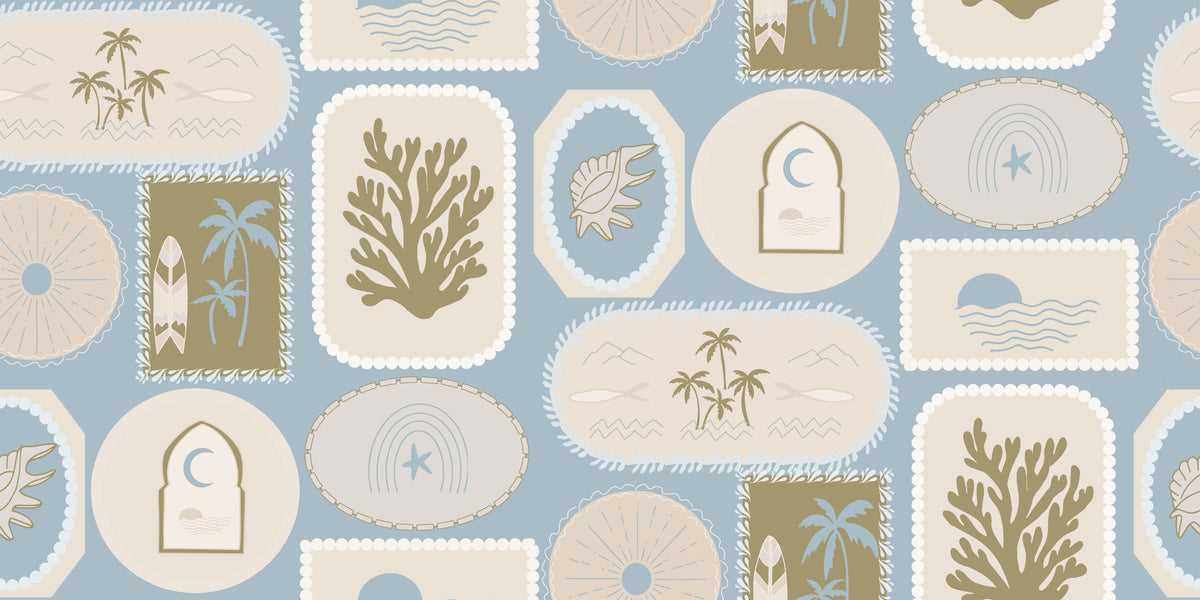 Soft Blue Coastal Frame Wallpaper Boho Tropical Wallpaper⁠ in your room — zoomed