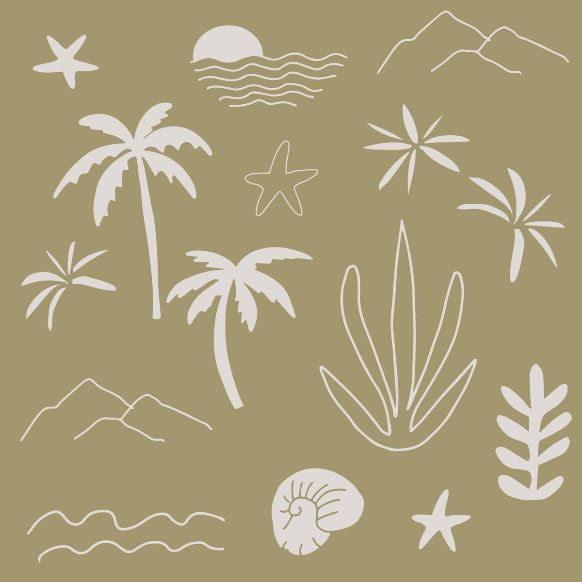 Olive Green Tropical Icon Wallpaper Boho Coastal Wallpaper⁠ in your room — zoomed