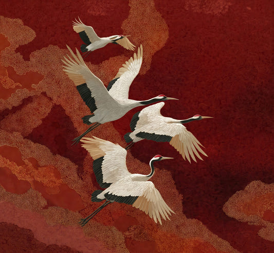 Crimson Sky Crane Dance Wall Mural
