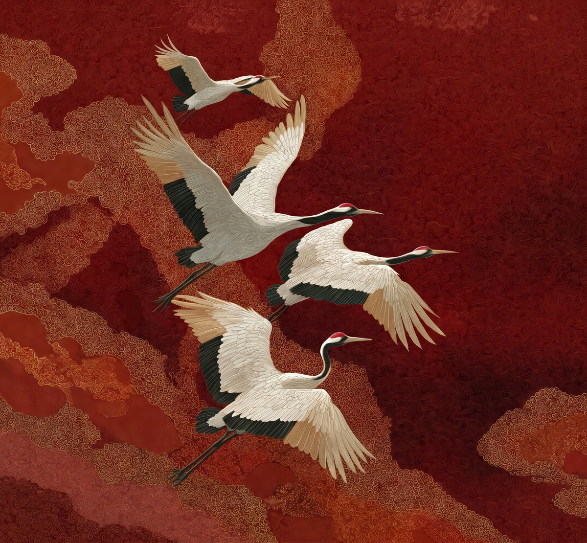 Crimson Sky Crane Dance Wall Mural in your room — zoomed