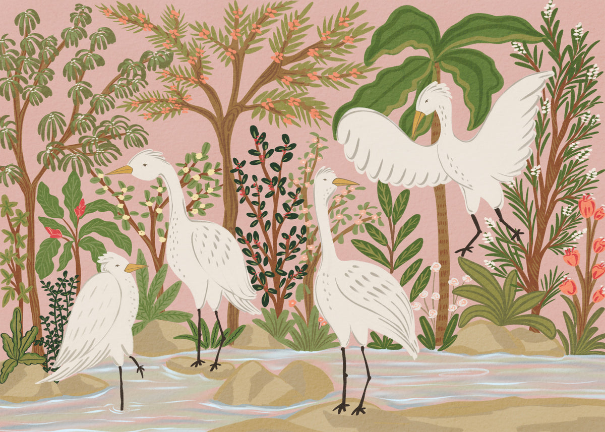 Graceful Egrets in a Serene Botanical Oasis Wall Mural in your room