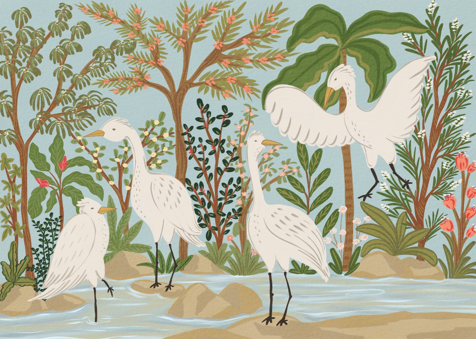 Bedroom wall mural with River Egrets and serene jungle river scene