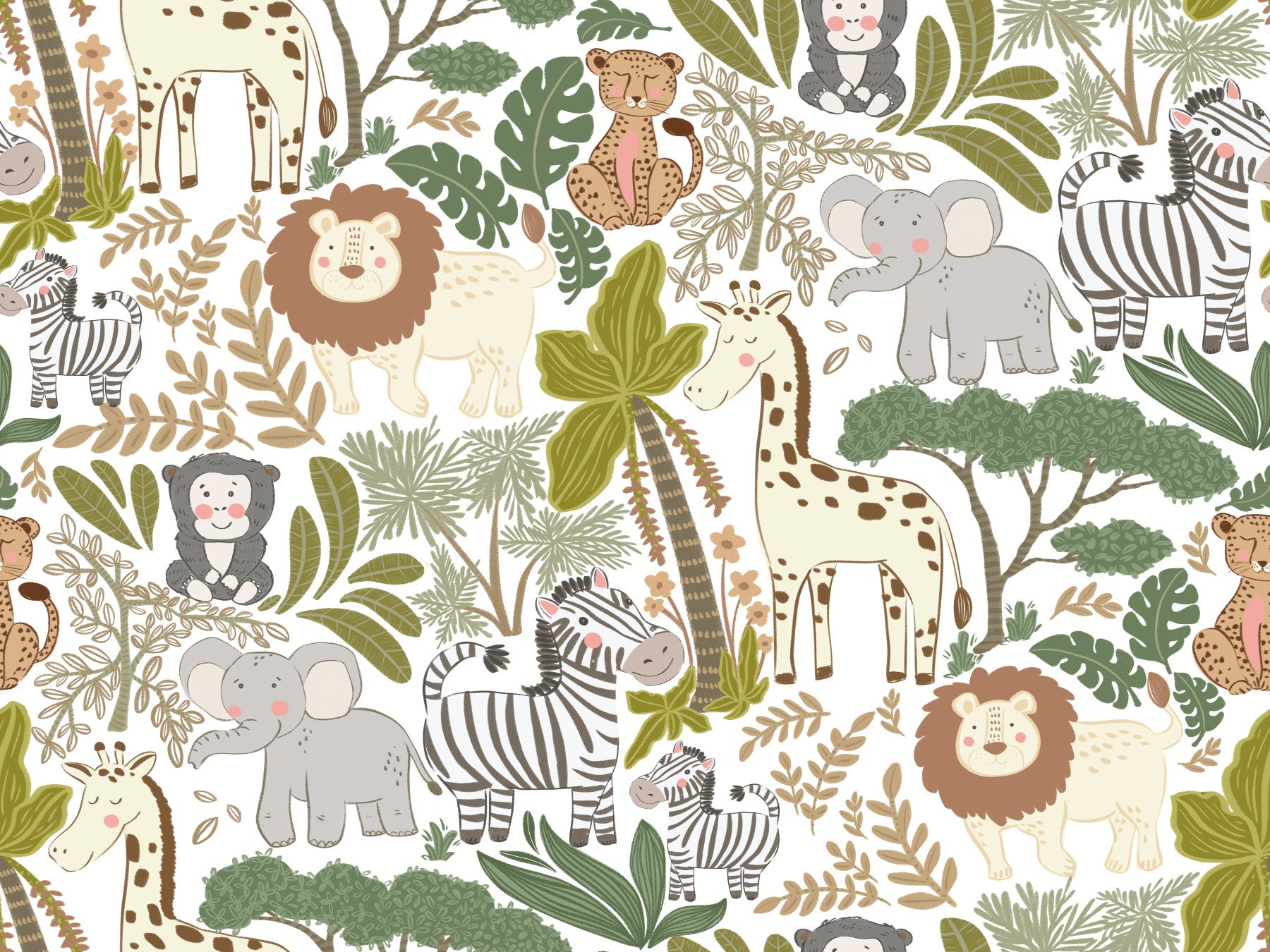 Kids room with Playful Jungle Pals wallpaper and cute safari animals