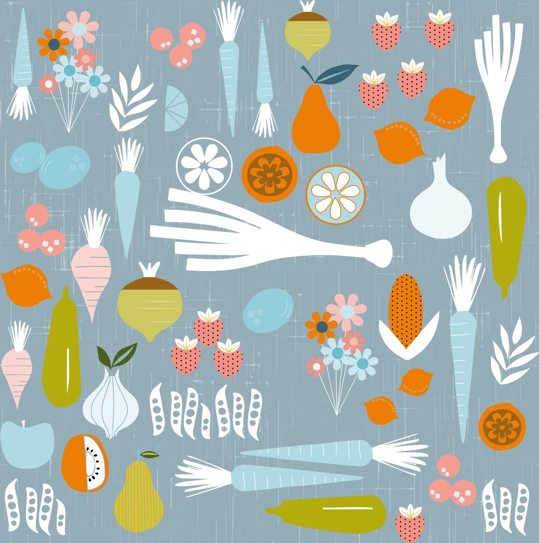 Kitchen wall with Dusty Blue Kitchen Wallpaper and playful produce art