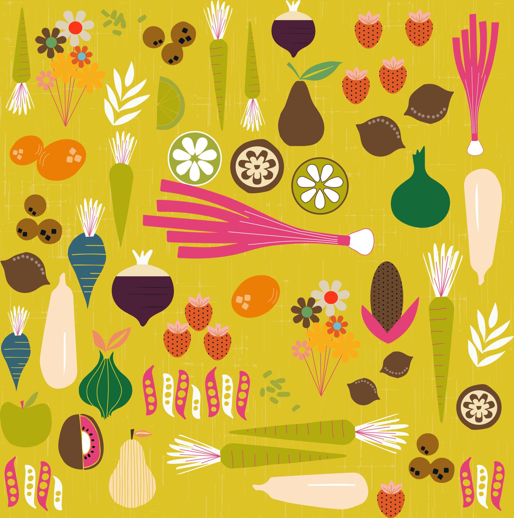 Cafe-style space using vintage vegetable wallpaper with garden shapes