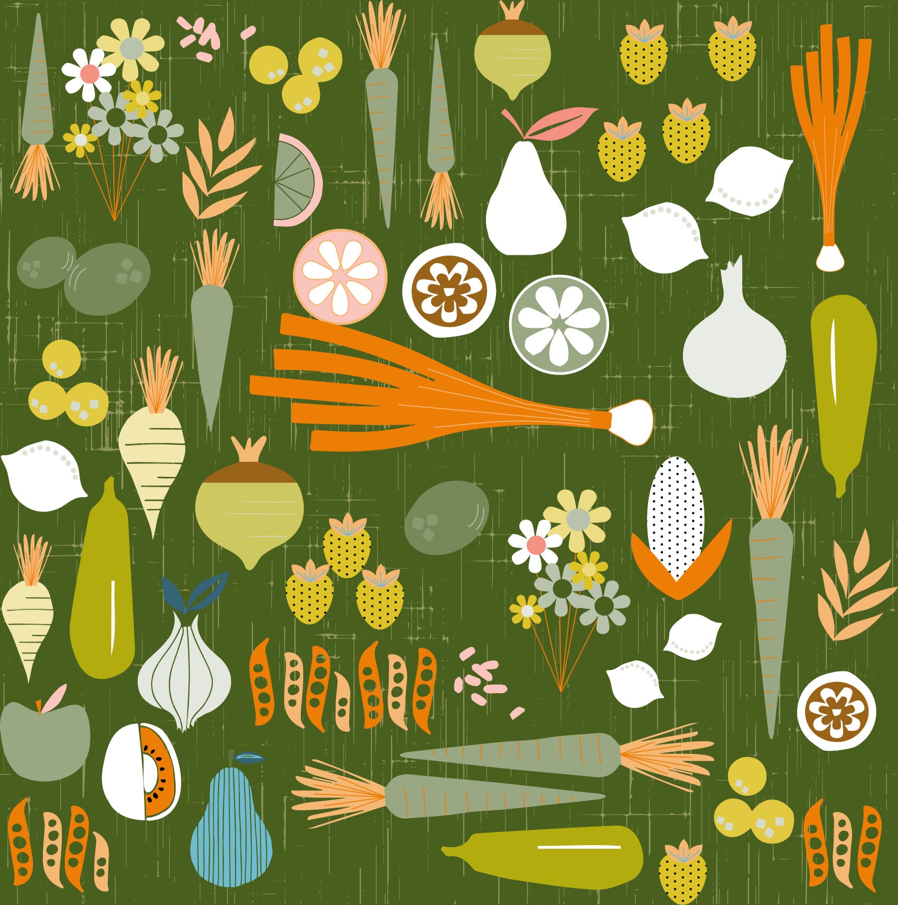 Olive Green Vegetable Wallpaper Retro Kitchen Wallpaper⁠