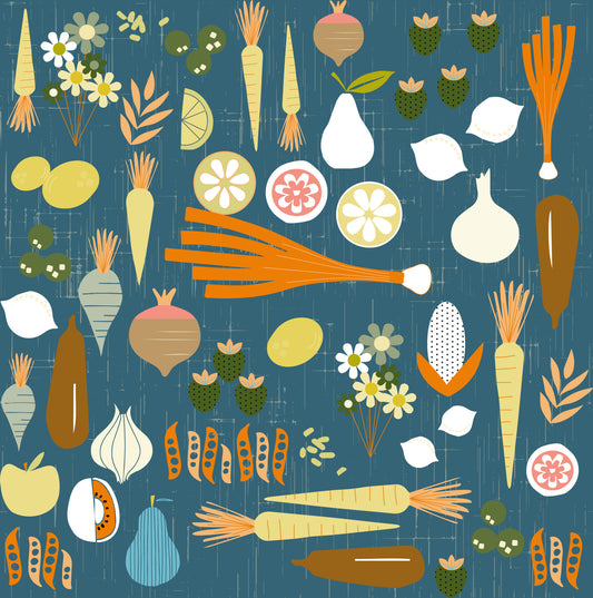 Teal Vegetable Wallpaper Retro Kitchen Wallpaper⁠