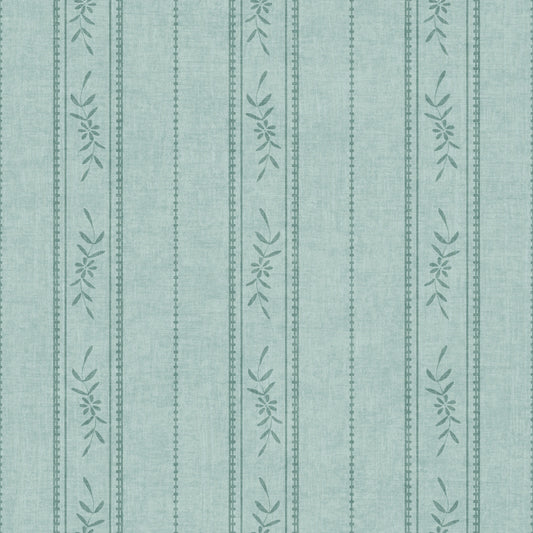 Vintage Ticking Stripe Vertical Linen With Floral Decor Muted Blue Wallpaper⁠