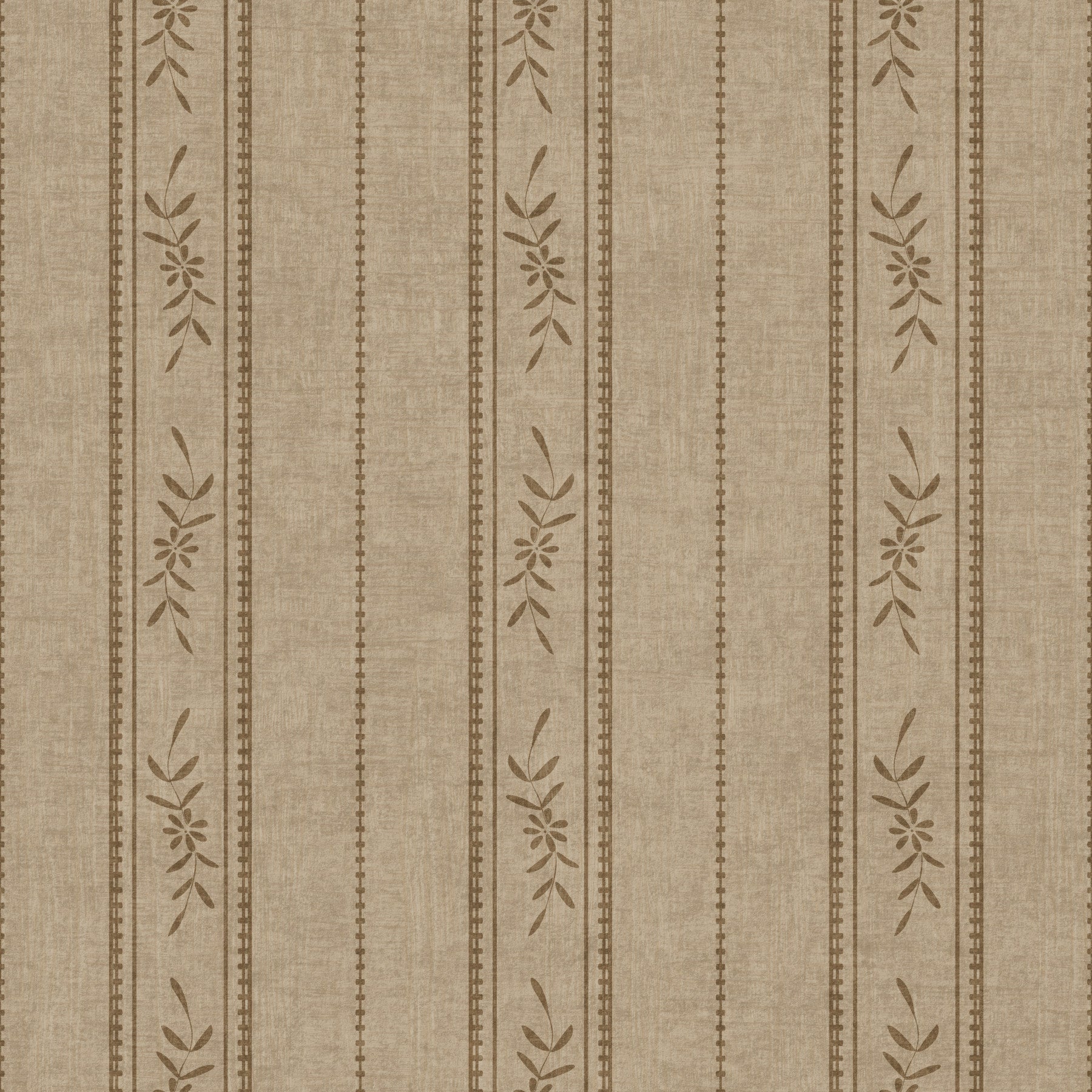 Vintage Ticking Stripe Vertical Linen With Floral Decor Umber Brown Wallpaper⁠