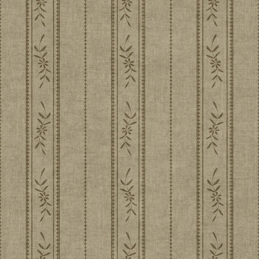 Vintage Ticking Stripe Vertical Linen with Floral Decor Taupe Grey Wallpaper⁠