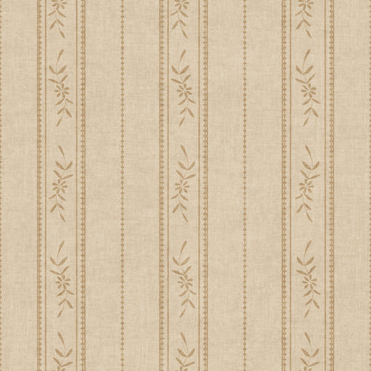 Vintage Ticking Stripe Vertical Linen with Floral Decor Sand Beige Wallpaper⁠