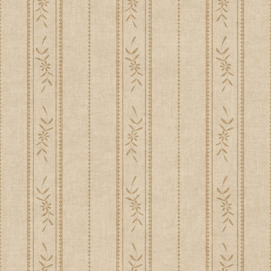 Vintage Ticking Stripe Vertical Linen with Floral Decor Sand Beige Wallpaper⁠
