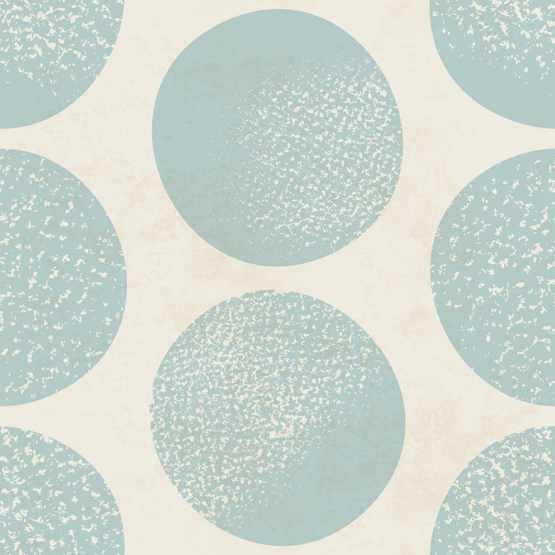 Bedroom featuring soft blue wallpaper with oversized round motifs