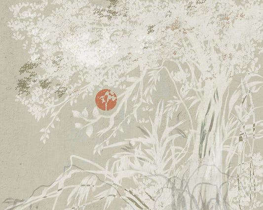 Serene Japanese Oriental Botanical Landscape With Red Moon  Wall Mural