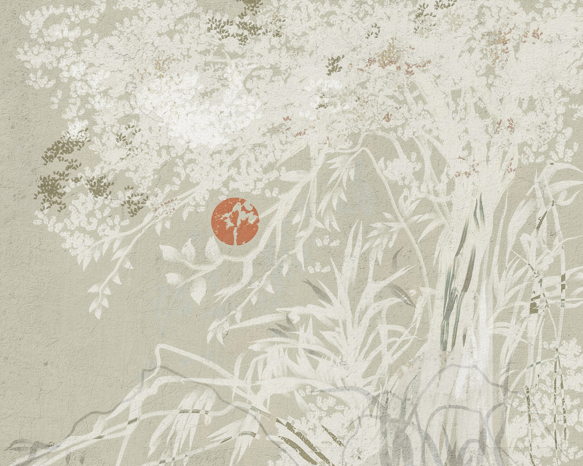 Serene Japanese Oriental Botanical Landscape With Red Moon  Wall Mural in your room