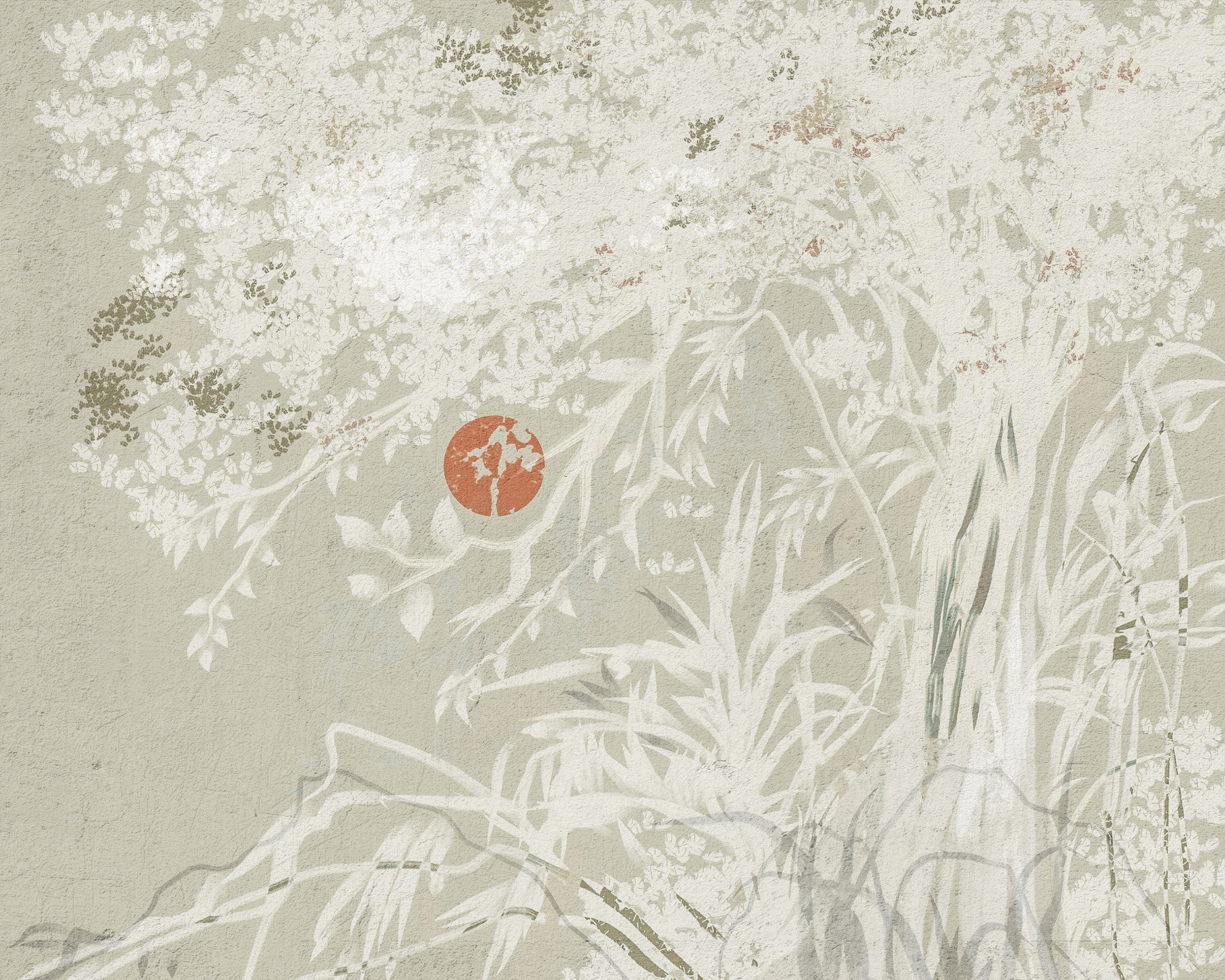 Serene Japanese Oriental Botanical Landscape With Red Moon  Wall Mural