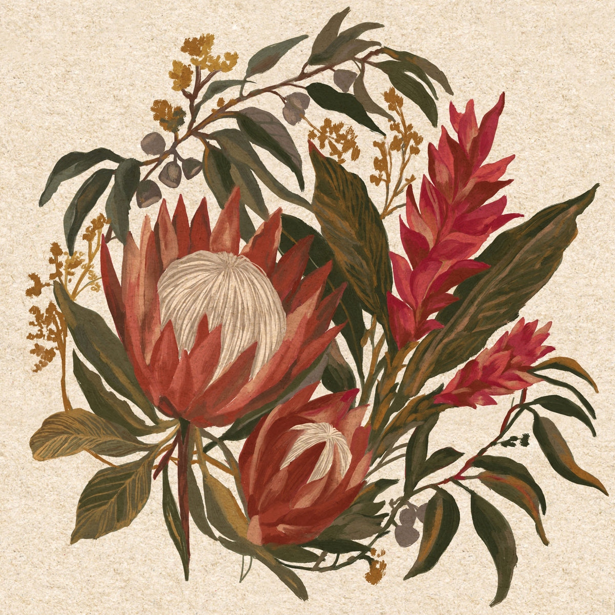 Exotic Earth Blooms Protea Flowers and Hawaiian Ginger Lili Bouquet Wall Mural in your room