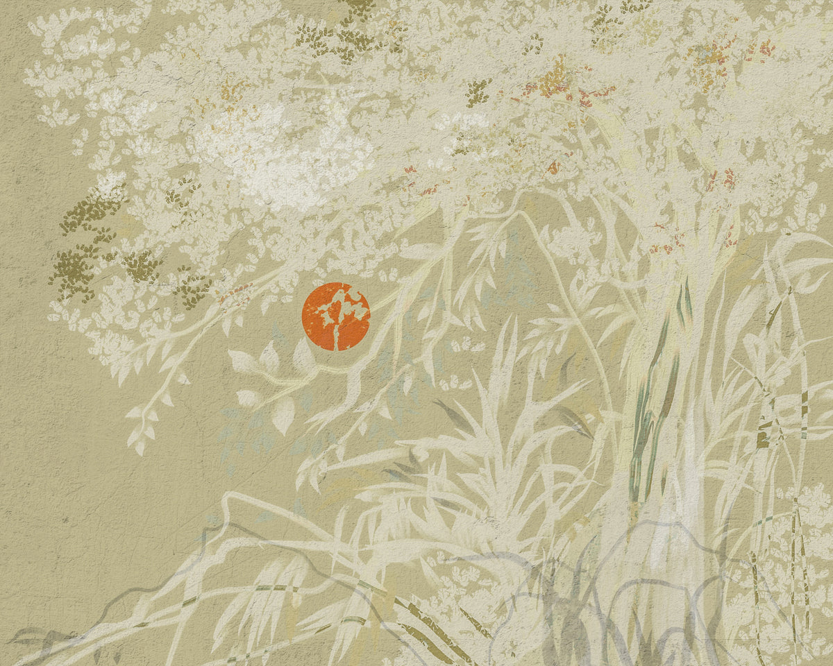 Zen Japanese Botanical Sunrise Japandi style Landscape with weathered White  Wall Mural in your room