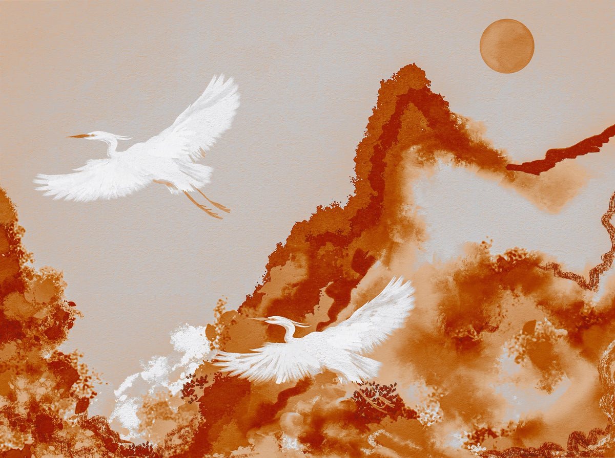 Ochre Horizon Cranes Flying Joseon Era Inspired Watercolor Landscape Wall Mural in your room