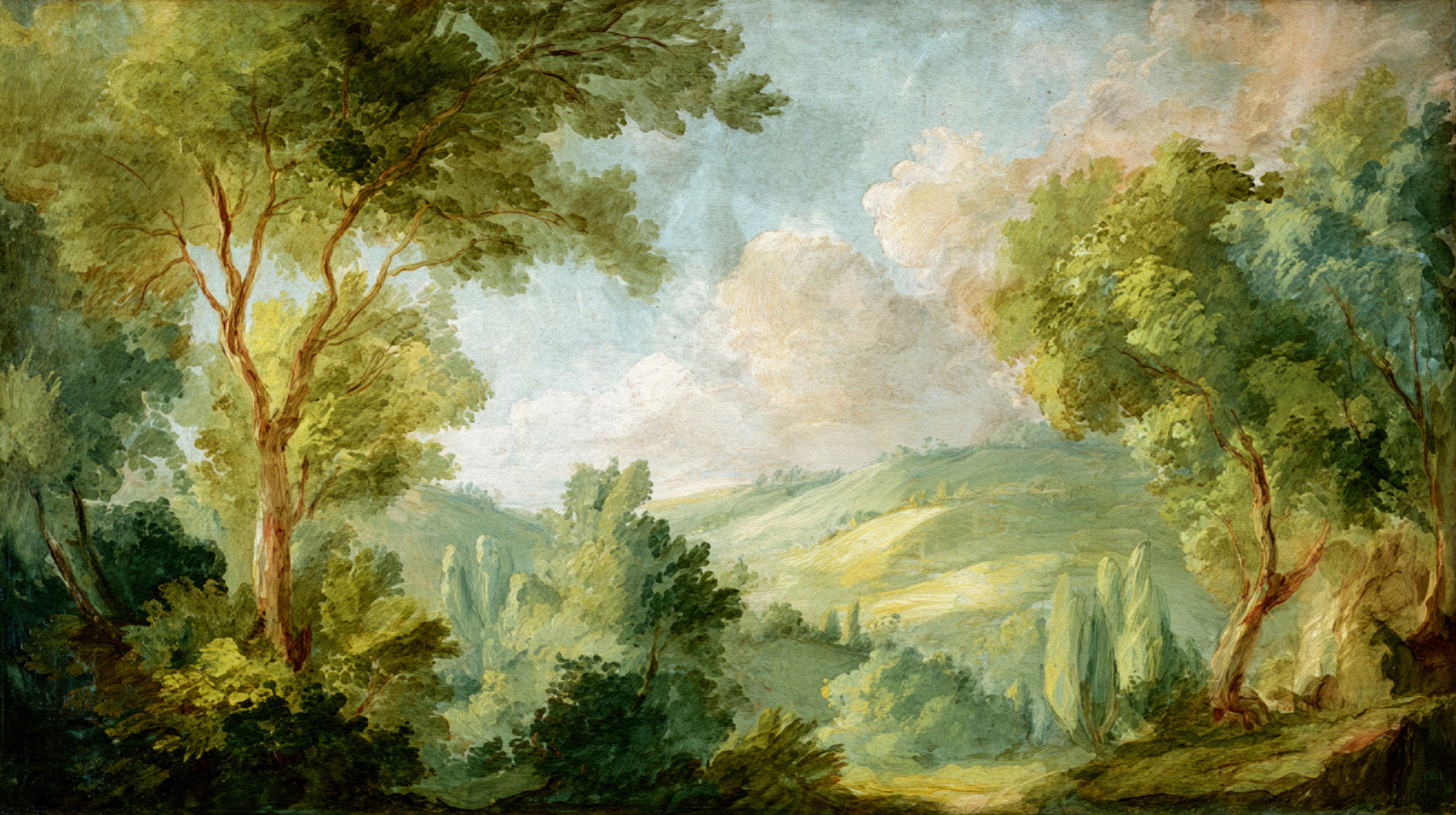 Dining room wall mural with Green Landscape Dream trees and rolling hills