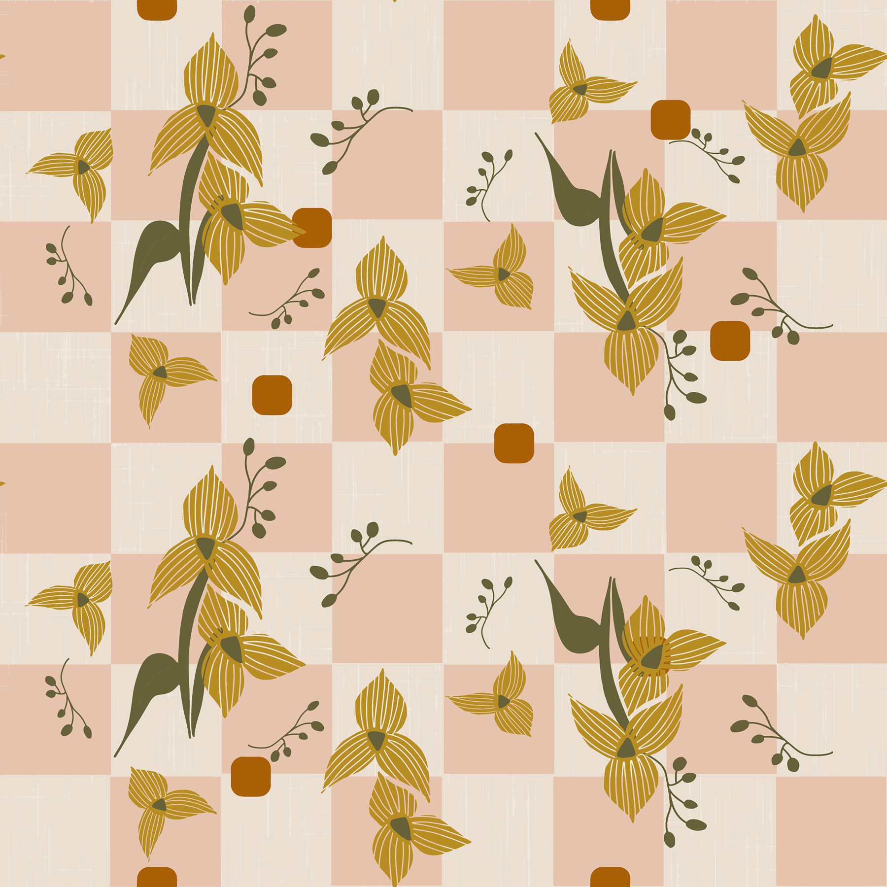 Living room with Pink Checker Floral Wallpaper and retro boho blossom blocks
