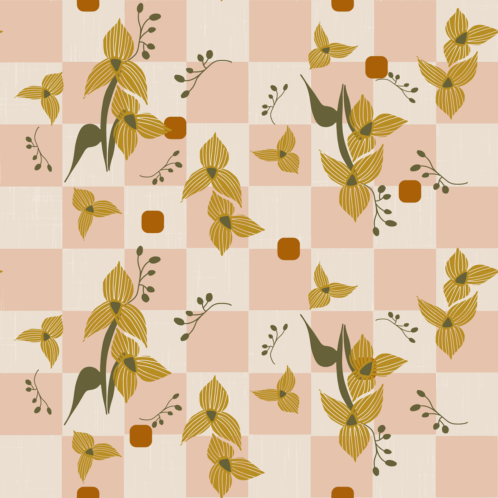 Pink Checker Floral Wallpaper Retro Boho Wallpaper⁠