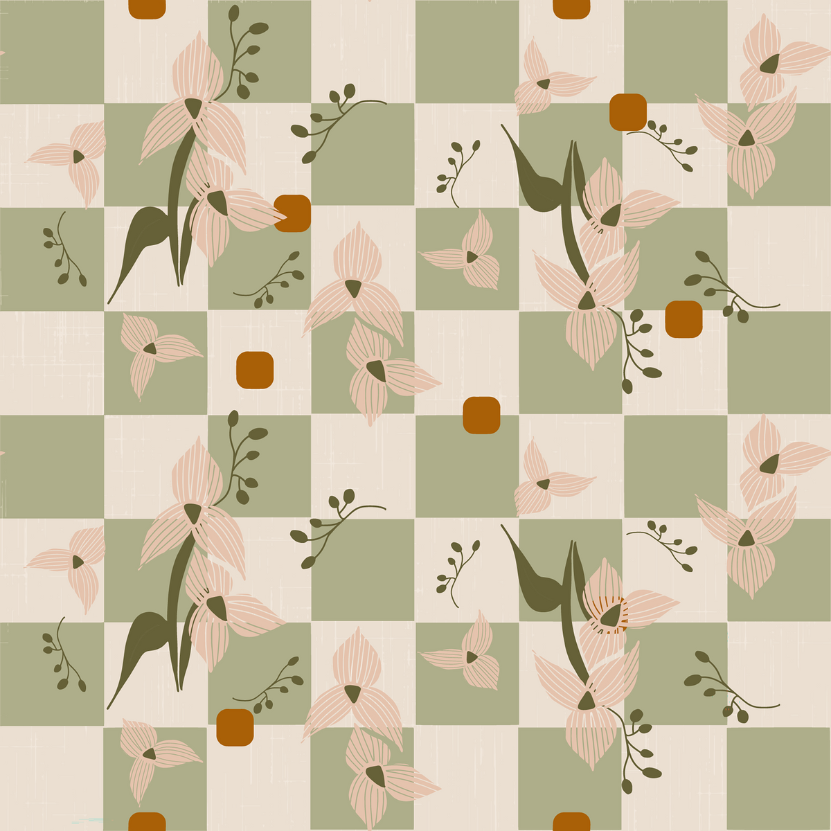 Sage Checker Floral Wallpaper Retro Boho Wallpaper⁠ in your room — zoomed