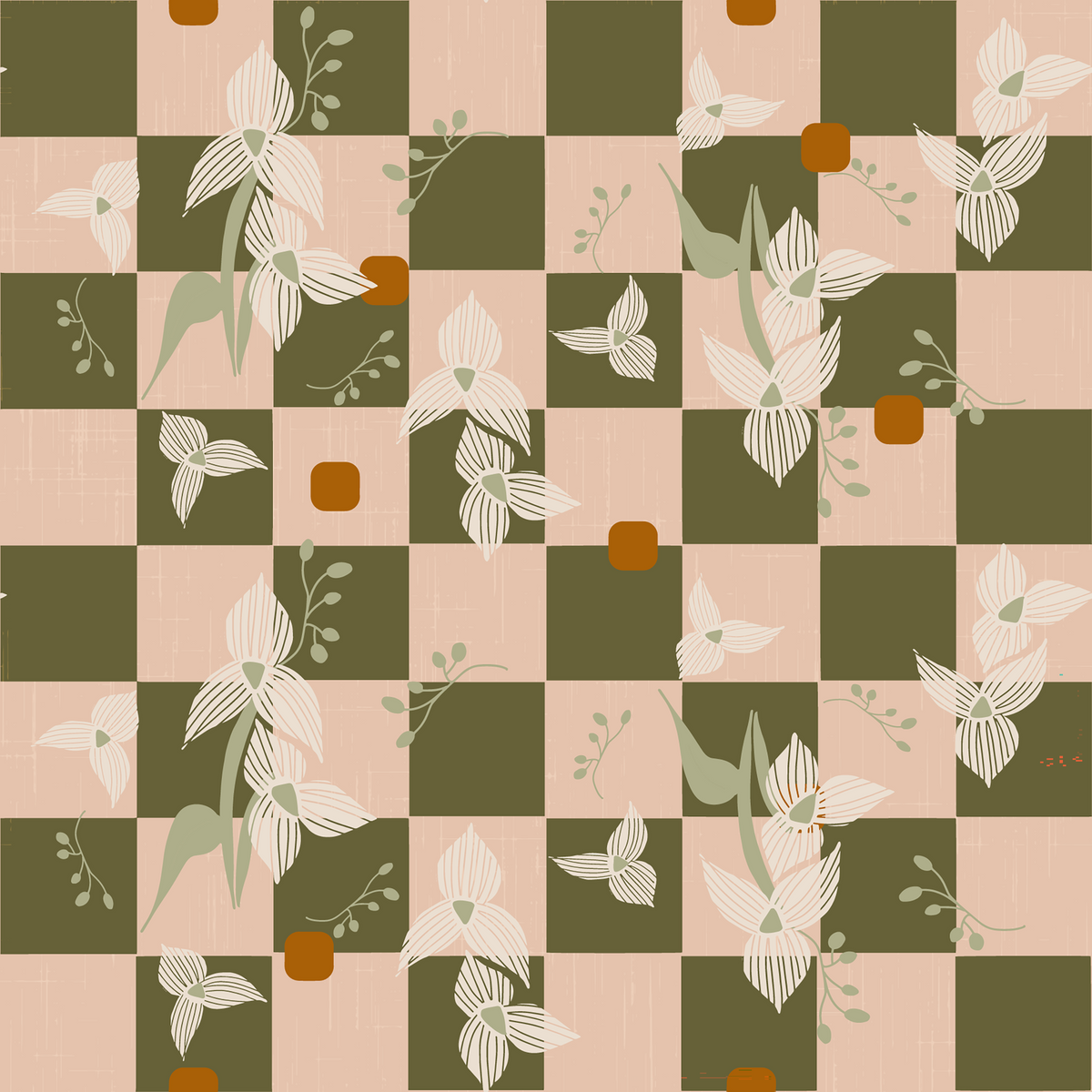 Olive Checker Floral Wallpaper Retro Boho Wallpaper⁠ in your room — zoomed