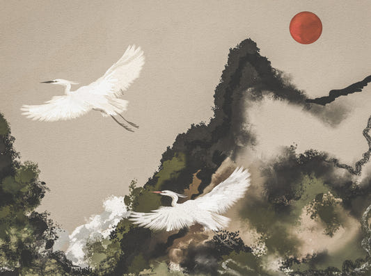 Ink Wash Sumi Japanese Watercolor Landscape Cranes and Sun Wall Mural