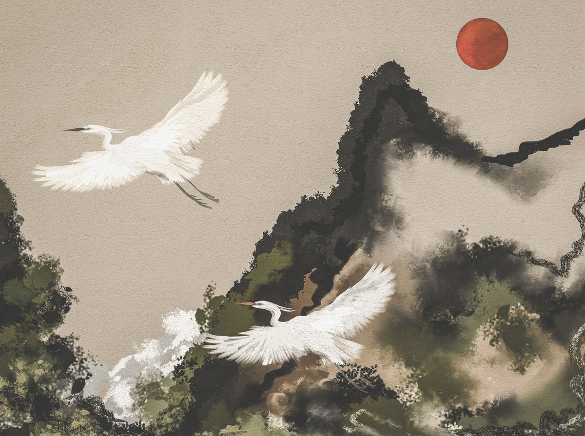 Ink Wash Sumi Japanese Watercolor Landscape Cranes and Sun Wall Mural in your room