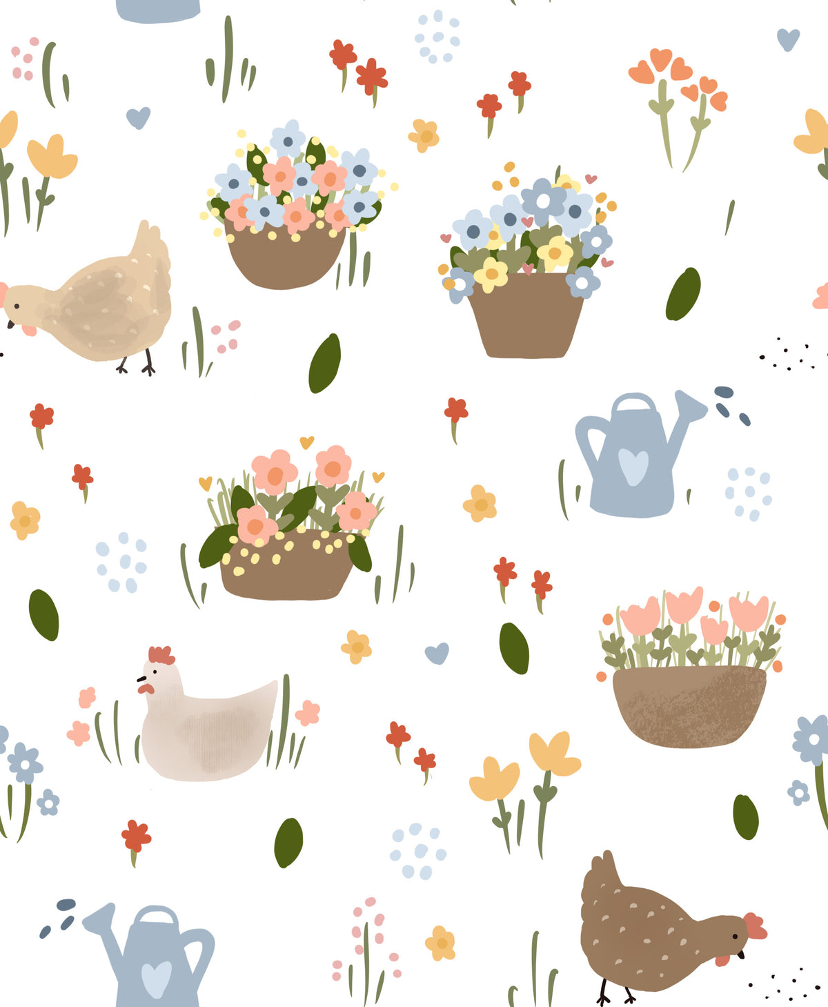 Whimsical Hen & Flower Patch Wallpaper⁠ in your room — zoomed
